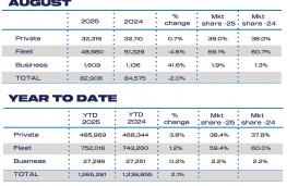 New car registrations August 2025, by sector